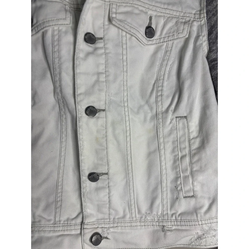 Free People White Denim Jacket Gray Knit Sleeves Hoodie Layered Casual Wom SZ M - Picture 2 of 8